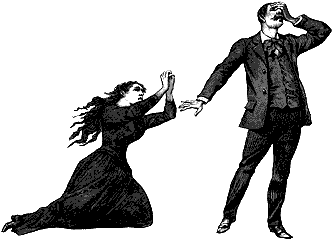 A Victorian-era ink drawing of a woman on her knees, pleading with her hands clasped to a man who looks fretfully away from her. His left hand covers his eyes, the right reaches out to the woman in a peaceable gesture as if to signal her to stop.